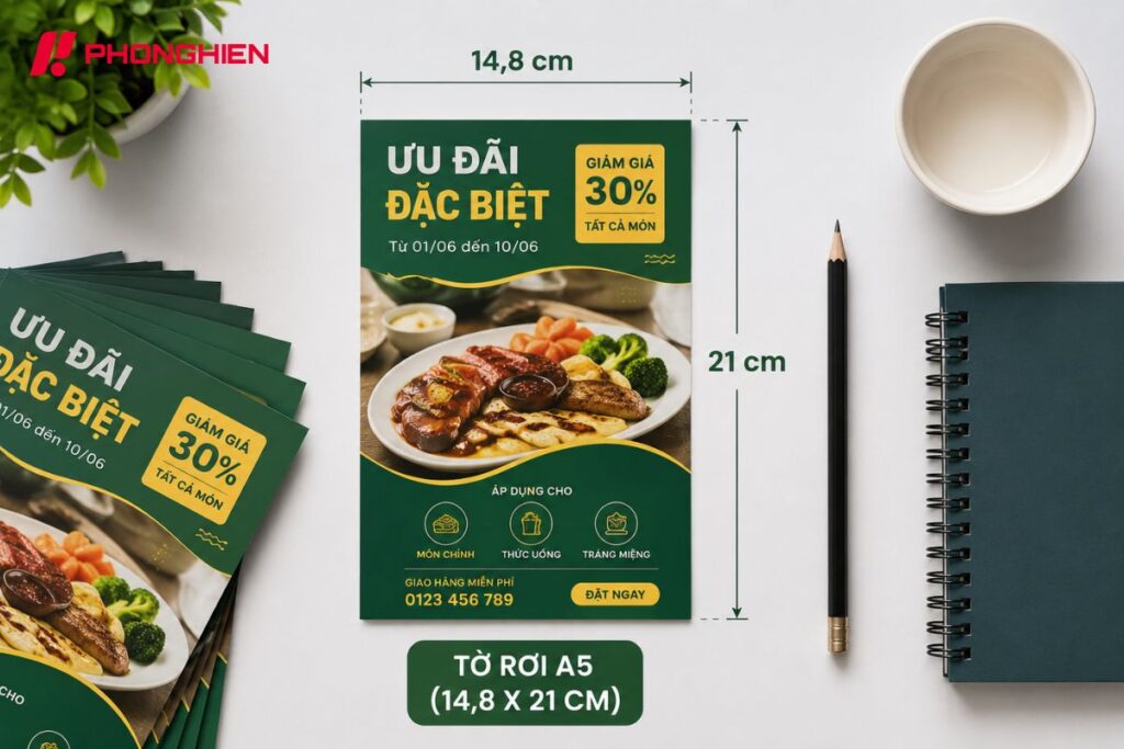 Tờ rơi A5 nhỏ gọn, phù hợp quảng cáo và khuyến mãi ngắn hạn