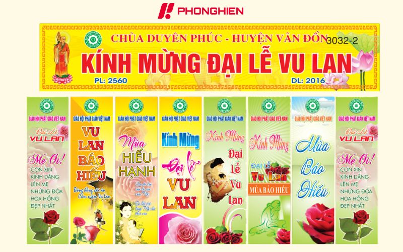 Băng rôn Vu Lan hoa hồng đỏ và chữ Hiếu thư pháp