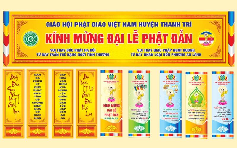 Băng rôn lễ Phật đản in hình ảnh Đức Phật sơ sinh bước trên hoa sen