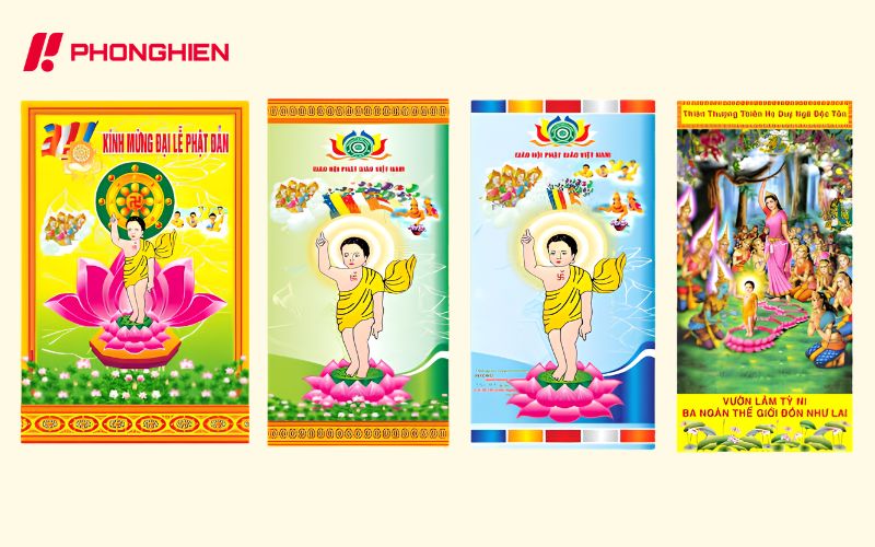 Mẫu thiết kế băng rôn lễ Phật đản với họa tiết hoa sen hồng thanh khiết