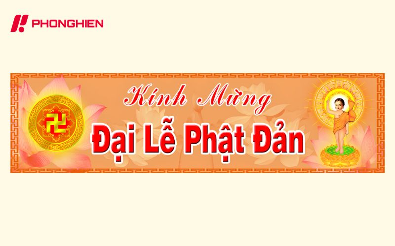 Băng rôn lễ Phật đản nền vàng trang nghiêm