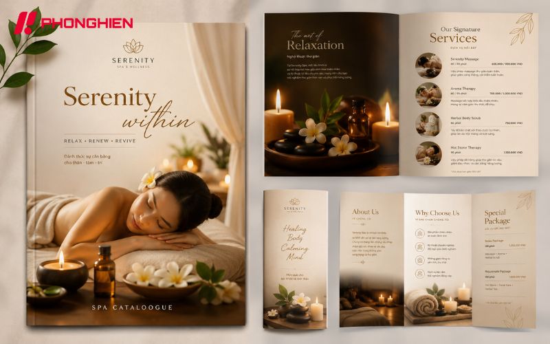 Catalogue Spa nên có hình ảnh thư giãn kết hợp font chữ nhẹ nhàng
