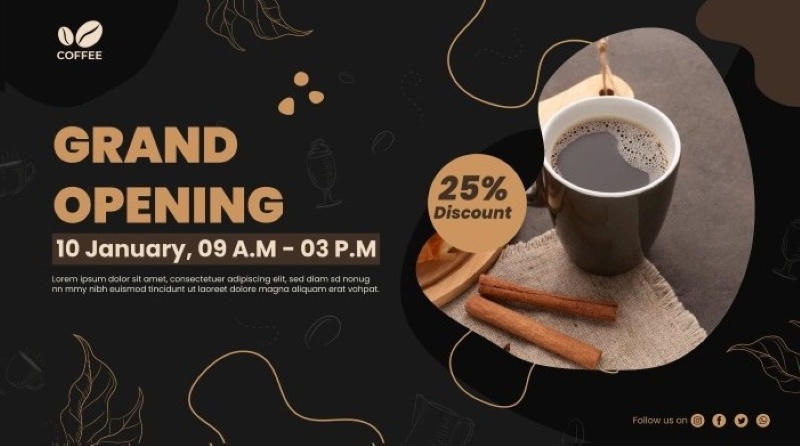 Băng rôn khai trương quán cà phê tone trung tính theo chiều ngang