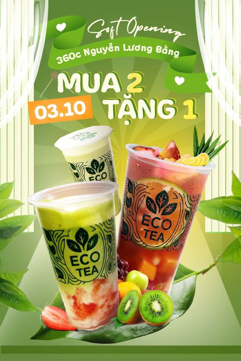 Băng rôn khai trương quán trà sữa cùng màu tươi sáng theo chiều dọc