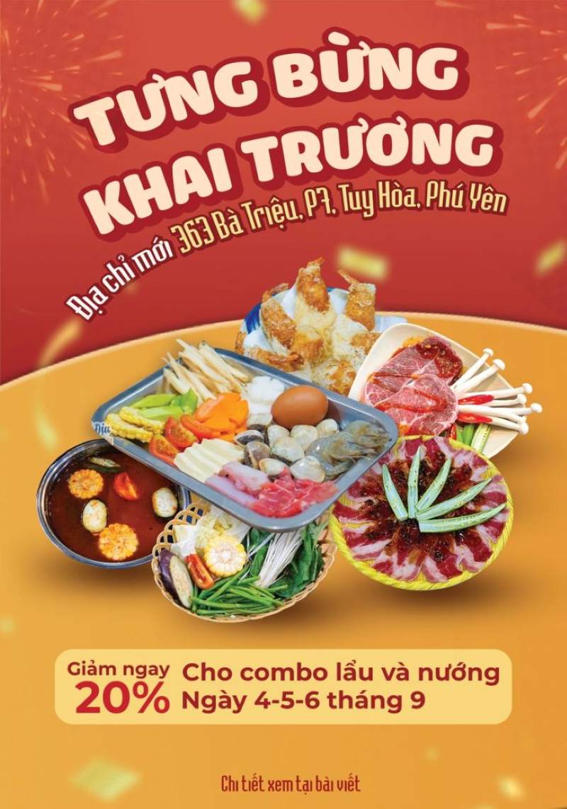 Mẫu băng rôn khai trương quán ăn đính kèm món ăn nổi bật