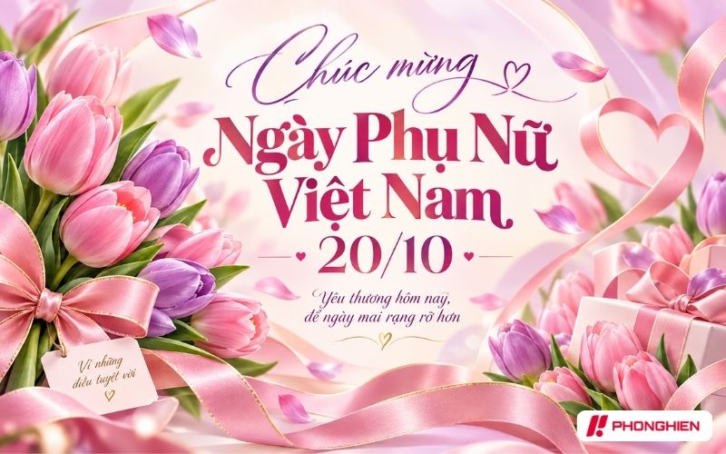 Banner chúc mừng Ngày Phụ nữ Việt Nam 20/10 tone hồng tím trang trí hoa tulip