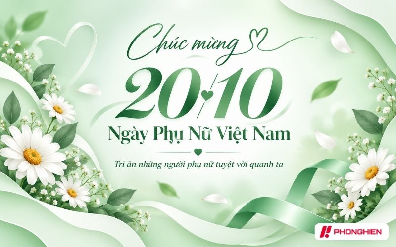 Banner 20/10 tone màu xanh cùng thông điệp chúc mừng Ngày Phụ nữ Việt Nam