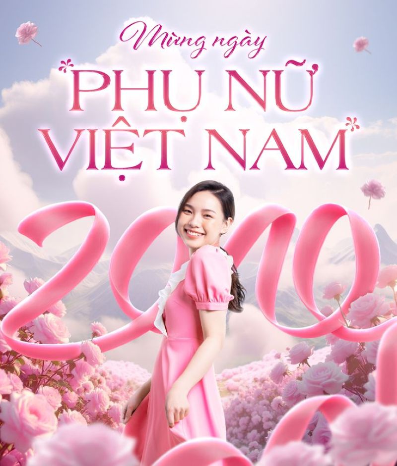 Poster 20/10 trang trí hoa mẫu đơn và font chữ nghệ thuật