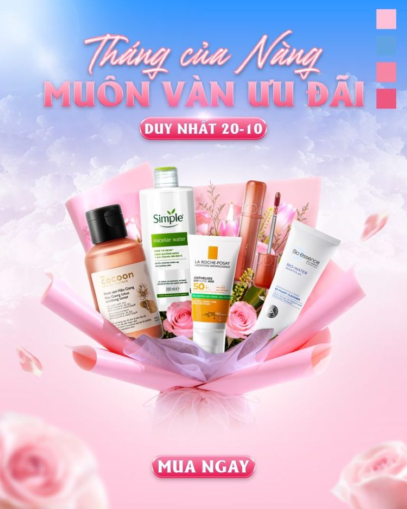 Mẫu poster khuyến mãi 20/10 thông điệp giảm giá hấp dẫn cho cửa hàng mỹ phẩm