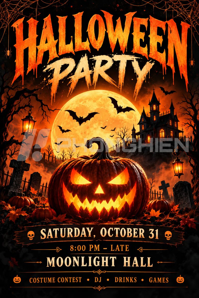 Poster Halloween party bí ngô và nhà ma kinh dị
