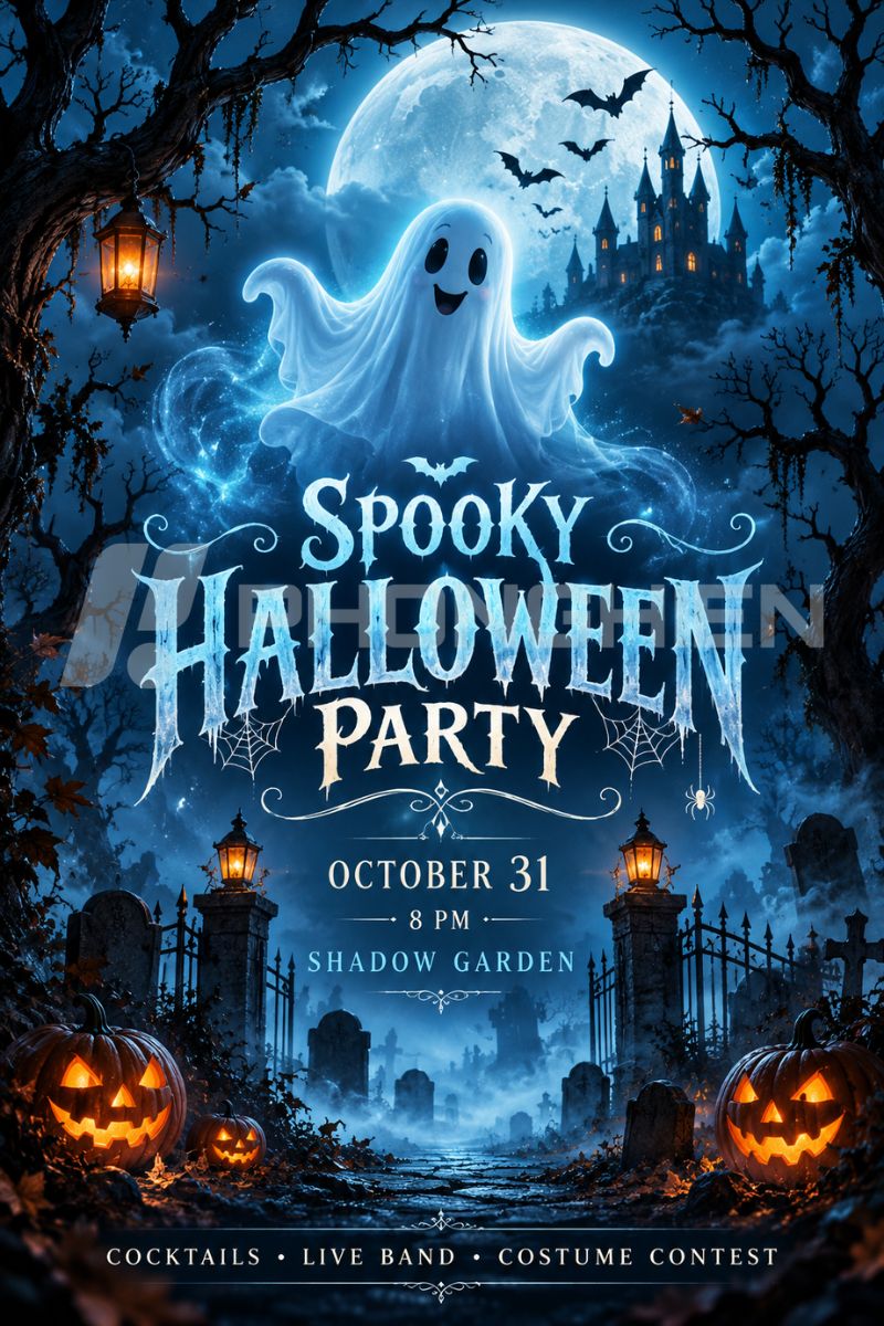 Poster Halloween party bí ngô và ma vui nhộn
