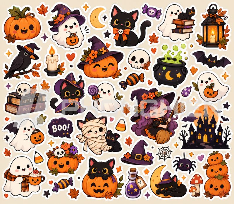 Sticker Halloween dễ thương hình mèo đen đội mũ phù thủy